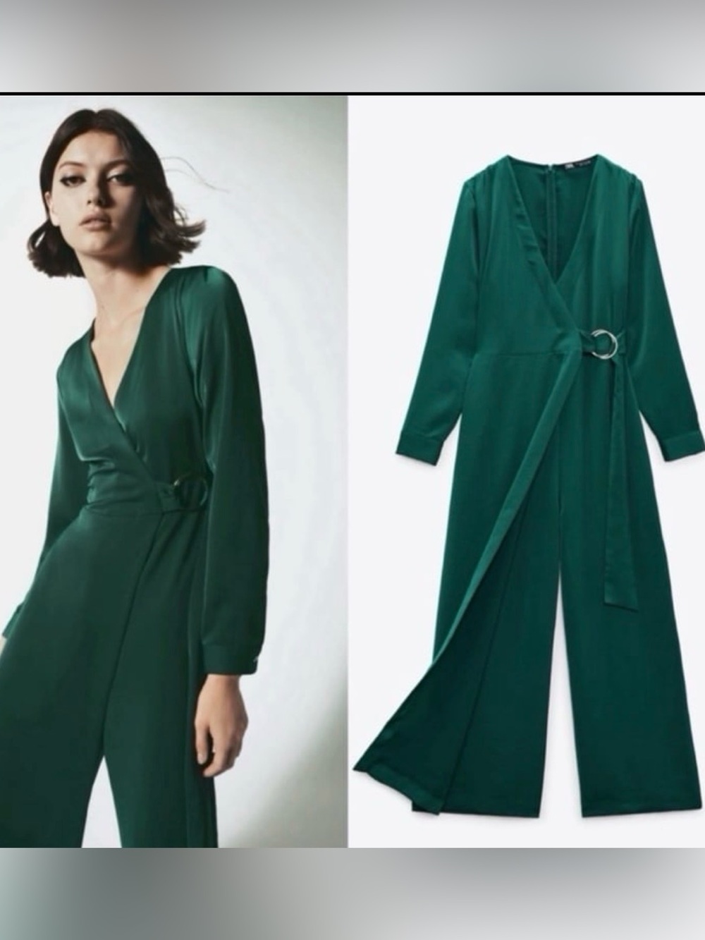ZARA Women’s Small Green Satin Wrap Jumpsuit Metallic Buckle Vneck